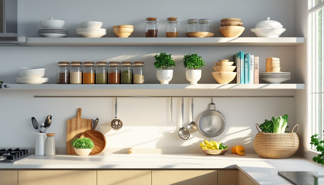 A modern kitchen with open shelves displaying dishes, jars, plants, and cookbooks, illuminated by natural light.