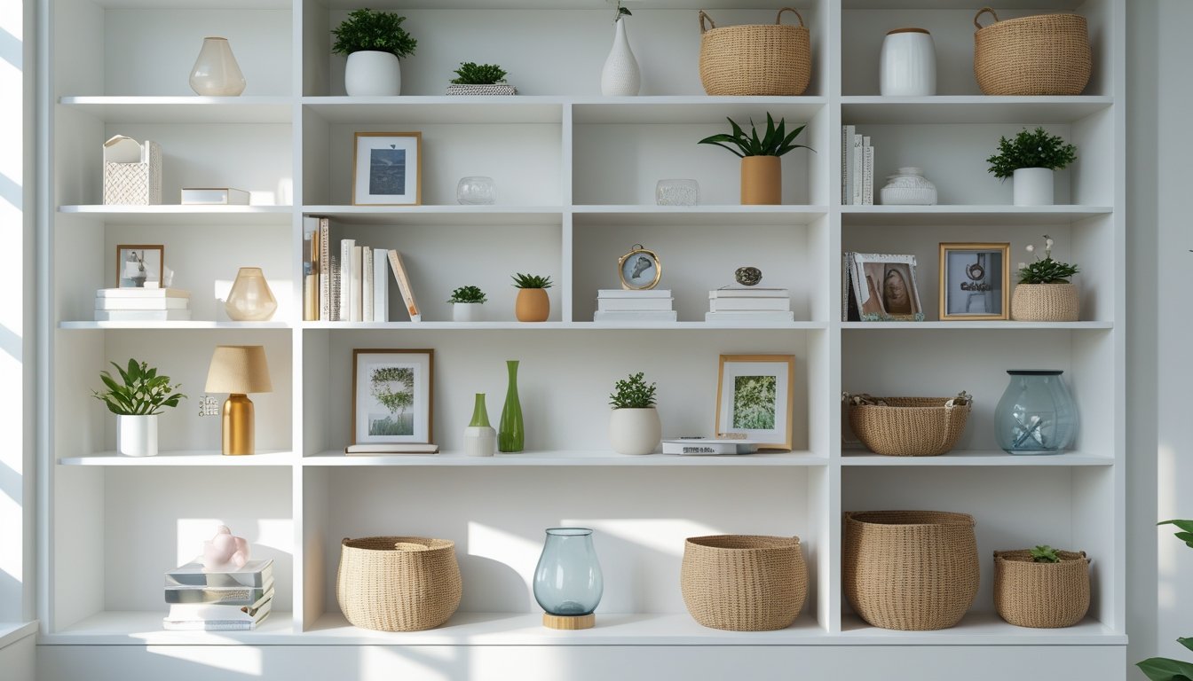 A person arranging decorative items on a well-organized open shelving unit filled with books, plants, and vases in a bright room.