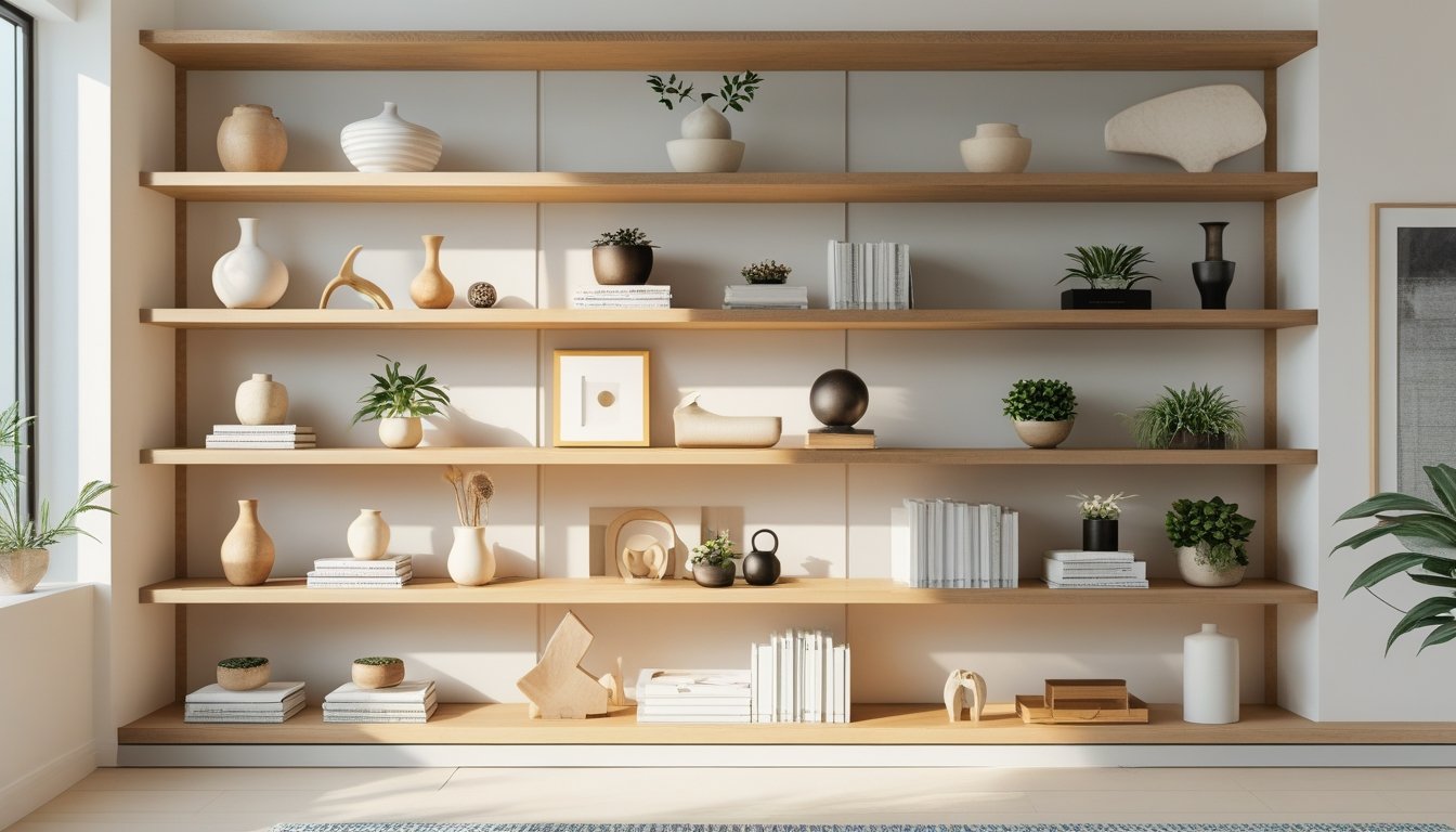 Open wooden shelves in a living room arranged with vases, plants, books, and art pieces under natural light.