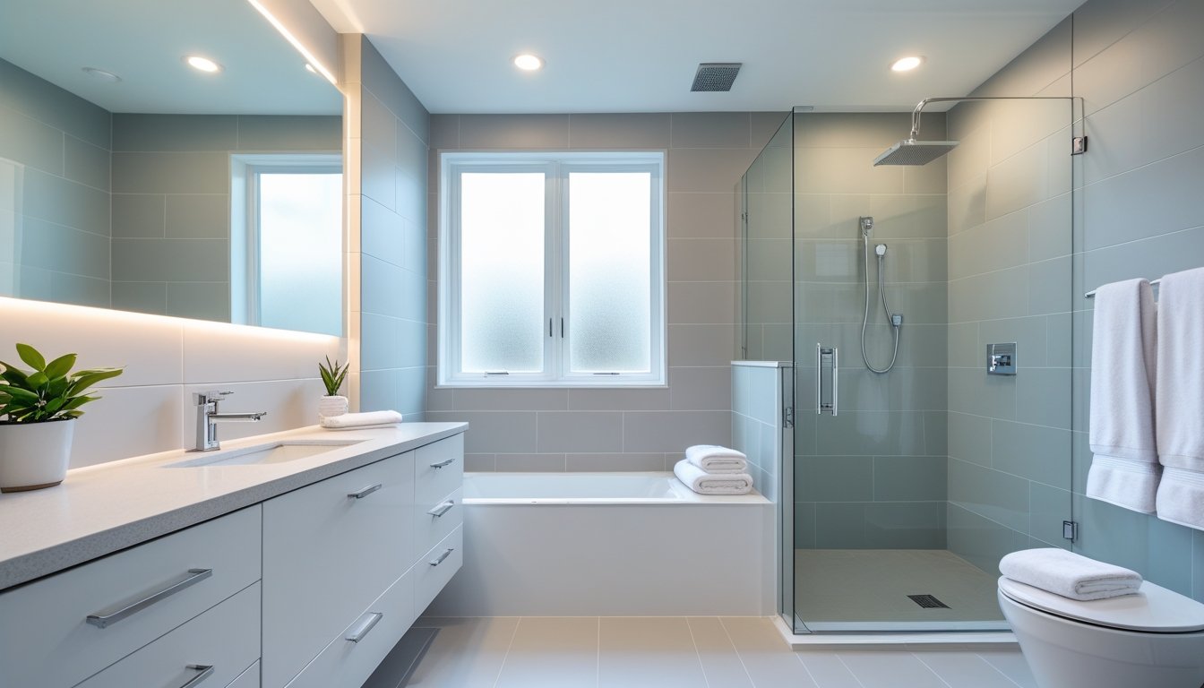 A bright and clean bathroom with a white vanity, large mirror, glass shower, and neutral-colored tiles.