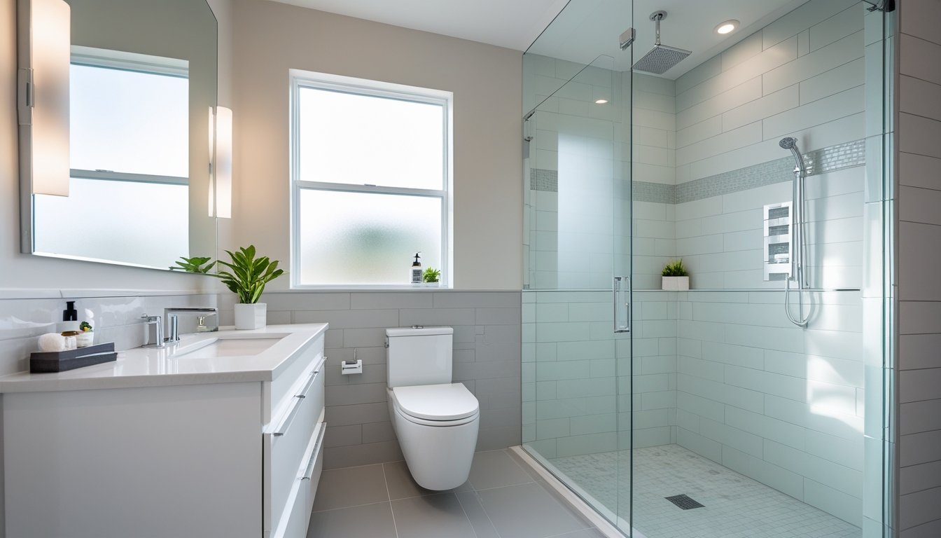 A bright, modern bathroom with a white vanity, large mirror, chrome fixtures, tiled walls and floor, and a walk-in shower with glass doors.