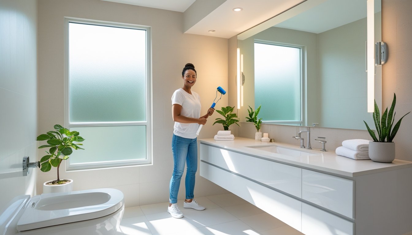 A bright bathroom with a white vanity, large mirror, chrome fixtures, and a person holding a paint roller standing inside.