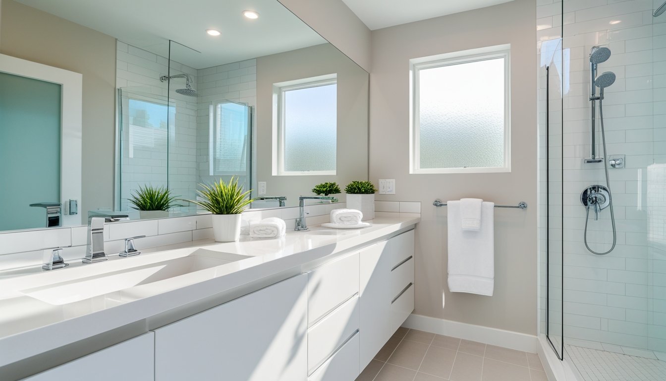 A newly renovated bathroom with a modern vanity, large mirror, tiled walls, glass shower, and natural light coming through a window.