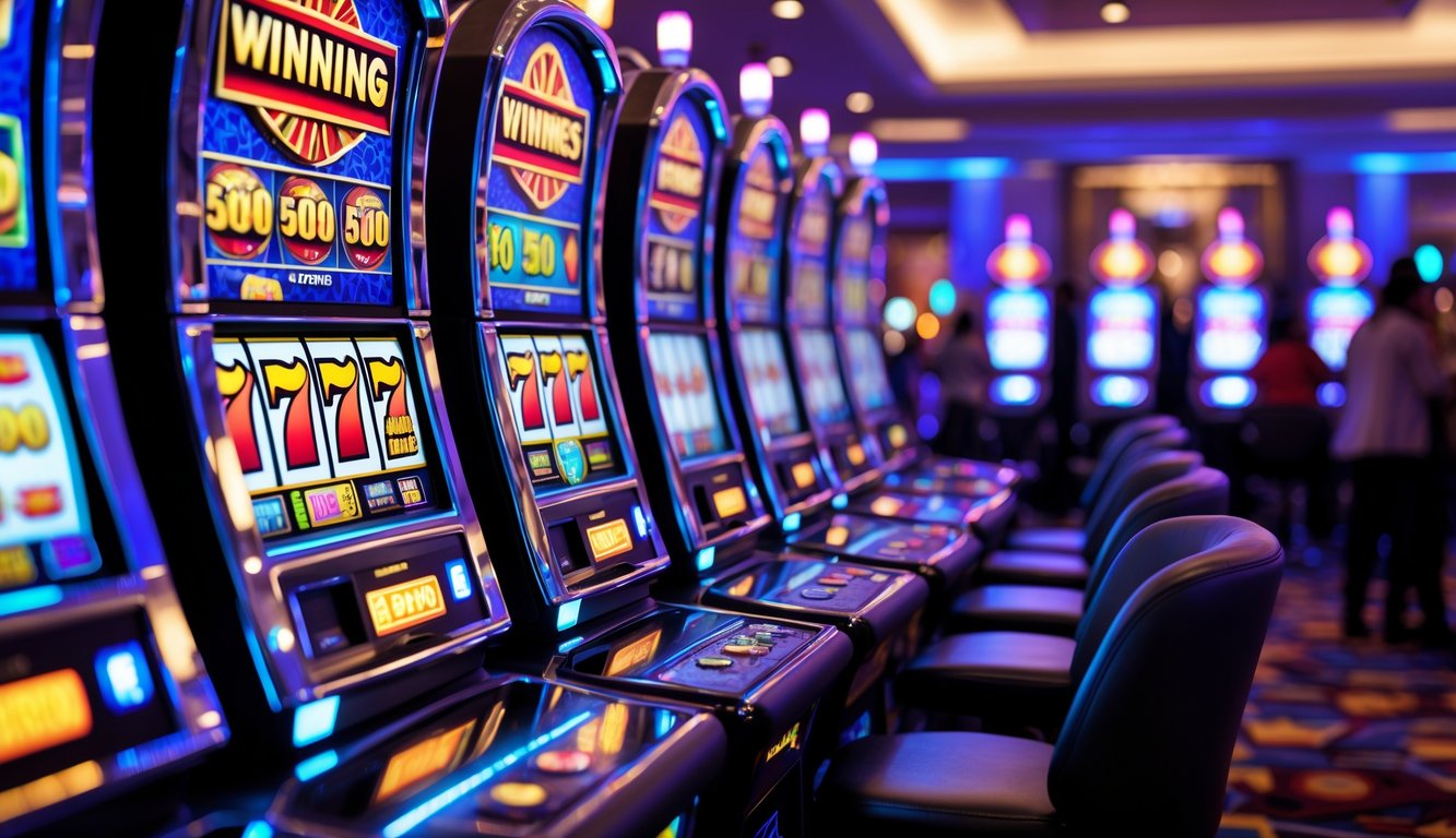 Suasana kasino modern dengan deretan mesin slot yang menyala dan menampilkan simbol kemenangan serta suasana penuh antisipasi pemain.