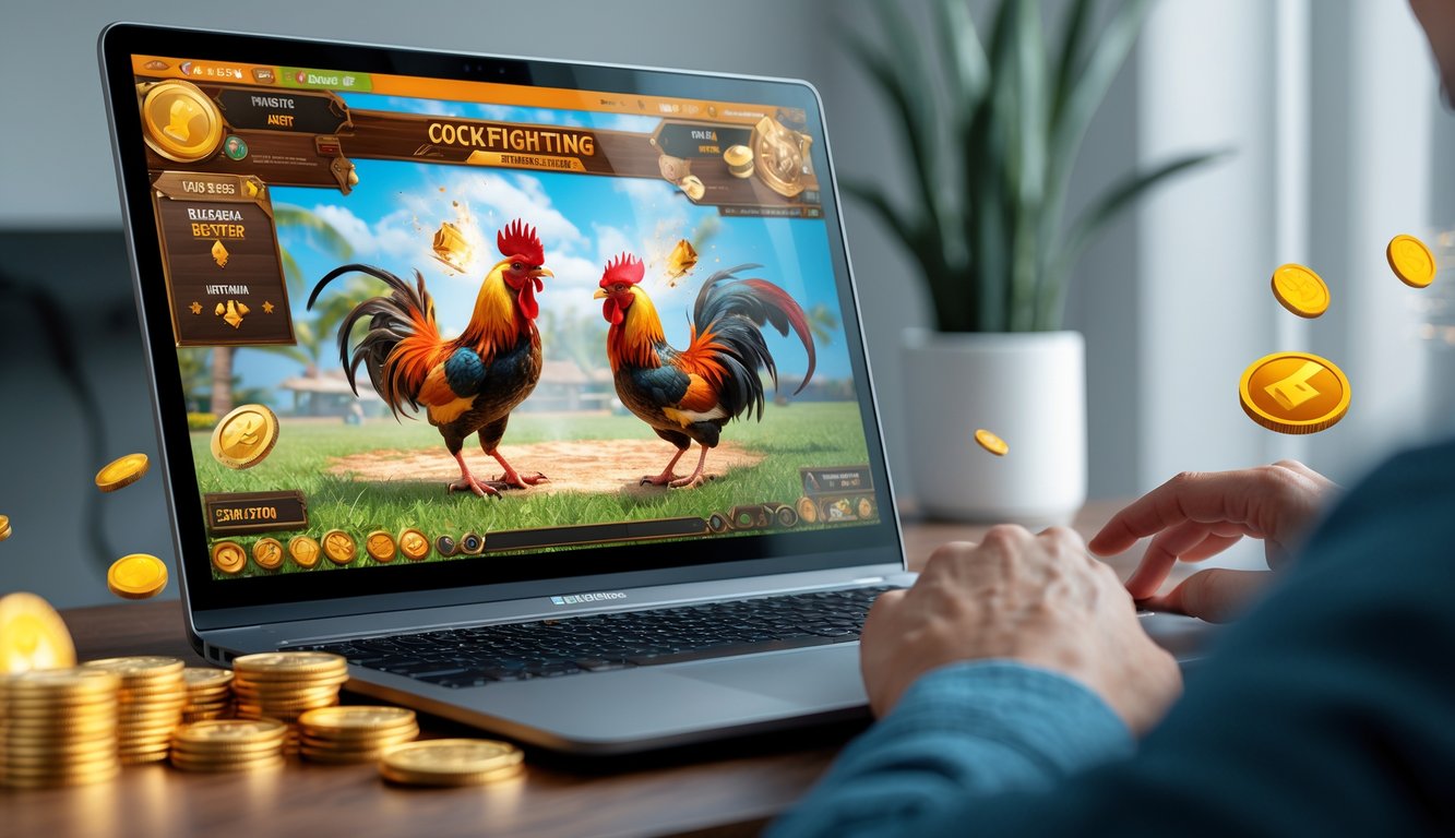 Seorang pengguna komputer sedang bermain permainan sabung ayam online dengan tampilan layar penuh warna dan elemen koin digital di sekitarnya.