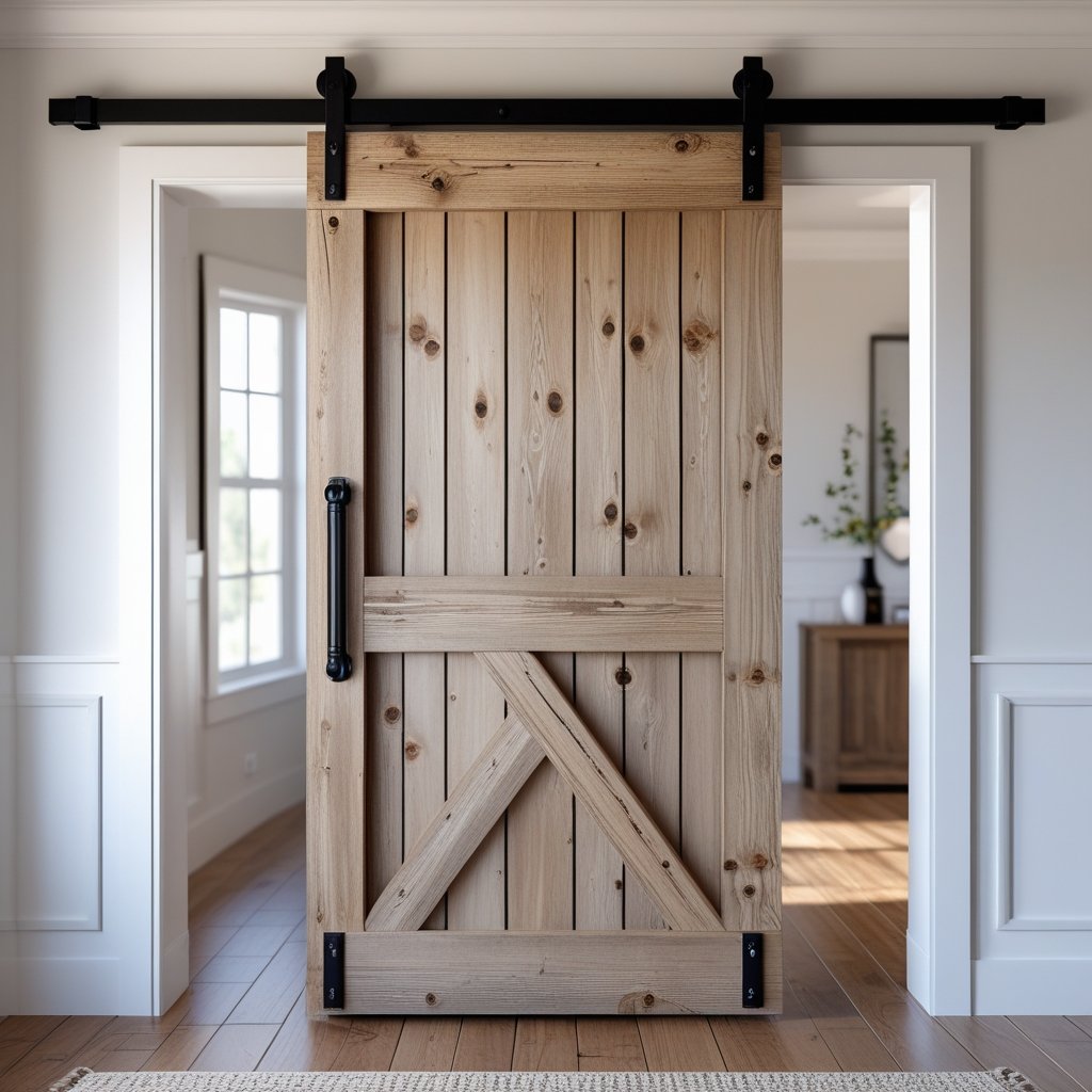 A rustic wooden sliding barn door with black metal hardware installed inside a bright room.