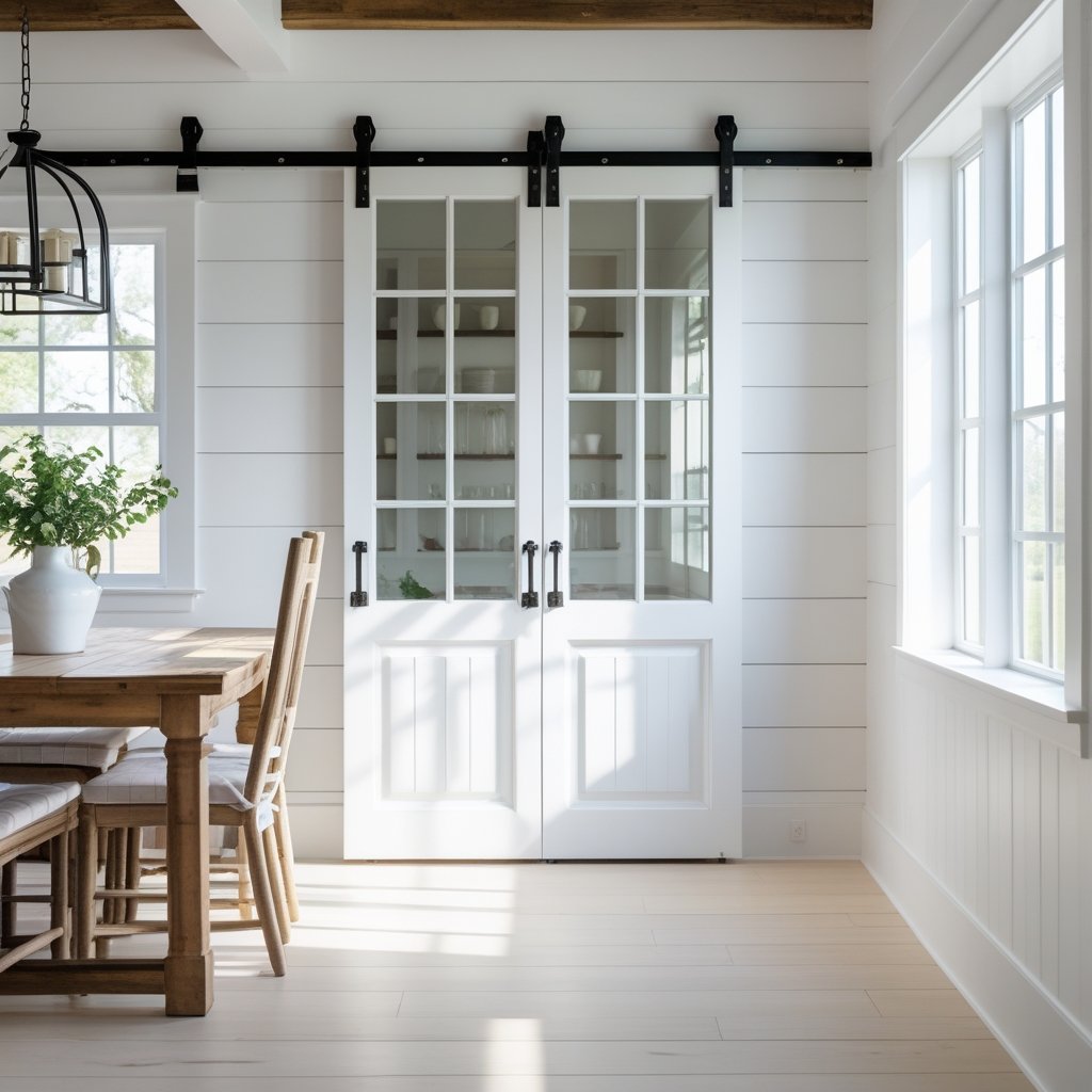 A bright dining room with an all-white barn door featuring glass panels and a wooden dining table with chairs.