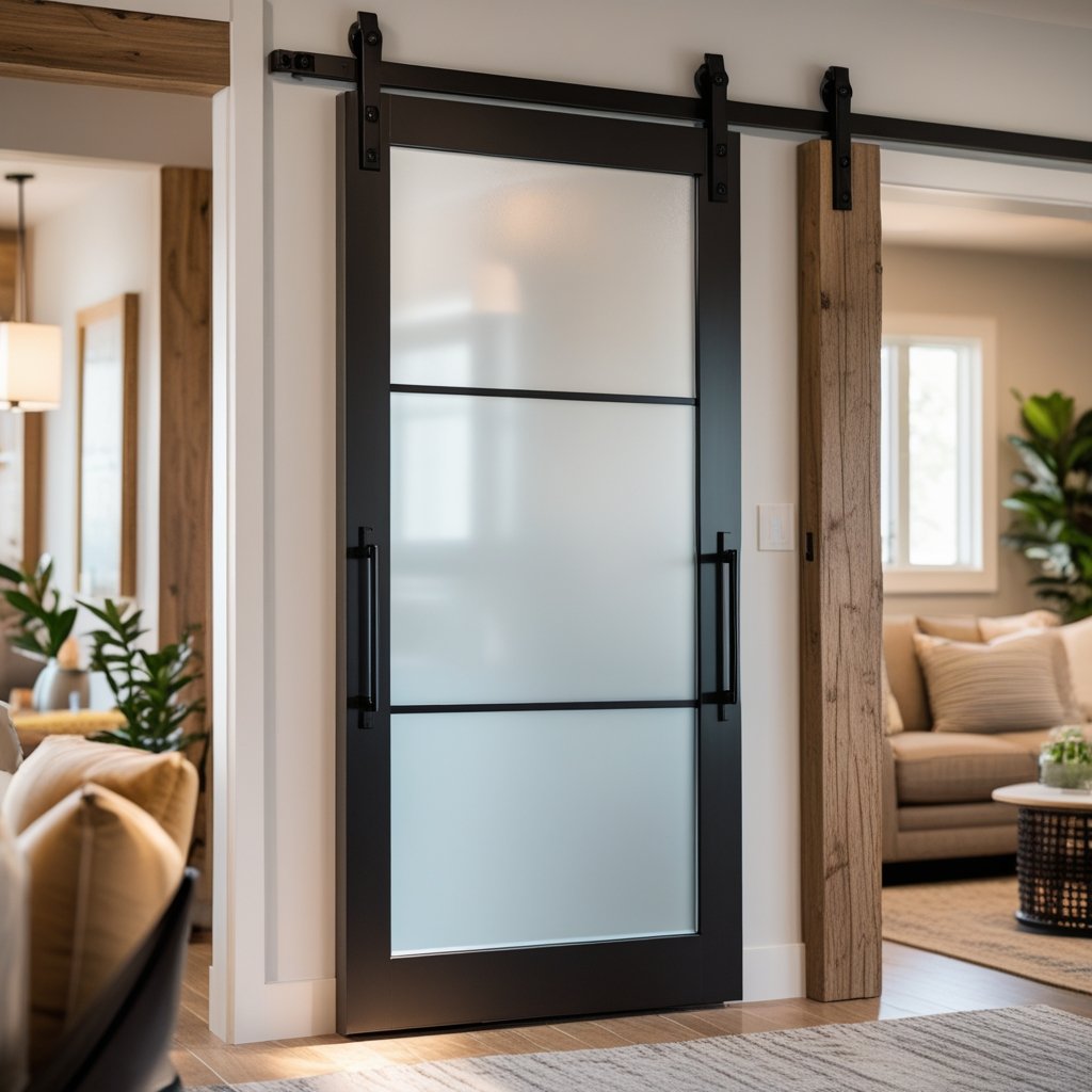 A frosted glass barn door with black metal hardware in a cozy interior room with warm wood accents and comfortable furniture.