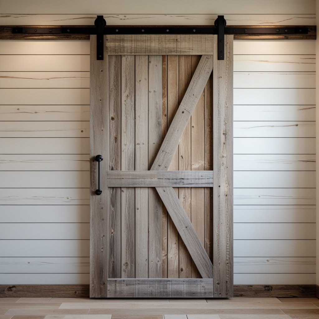A distressed wooden barn door mounted on a shiplap wall inside a room.