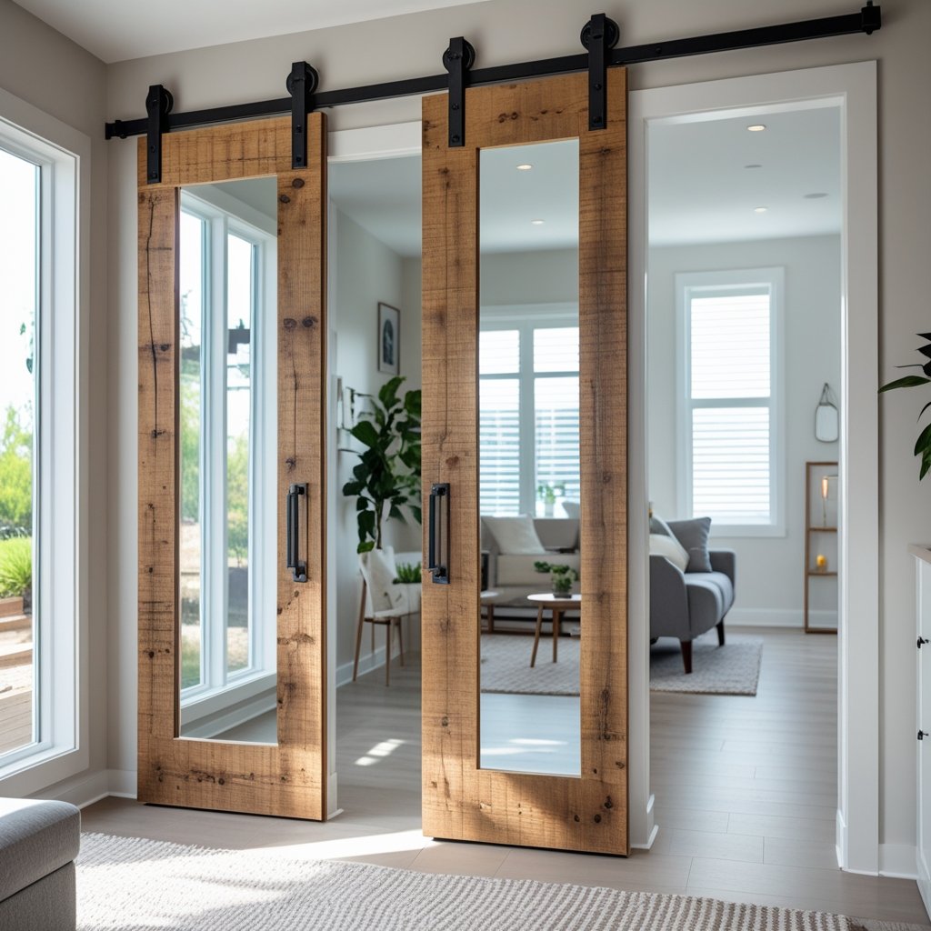 Interior view of a room with a large mirrored barn door reflecting light and space, showing part of a living area and hallway.