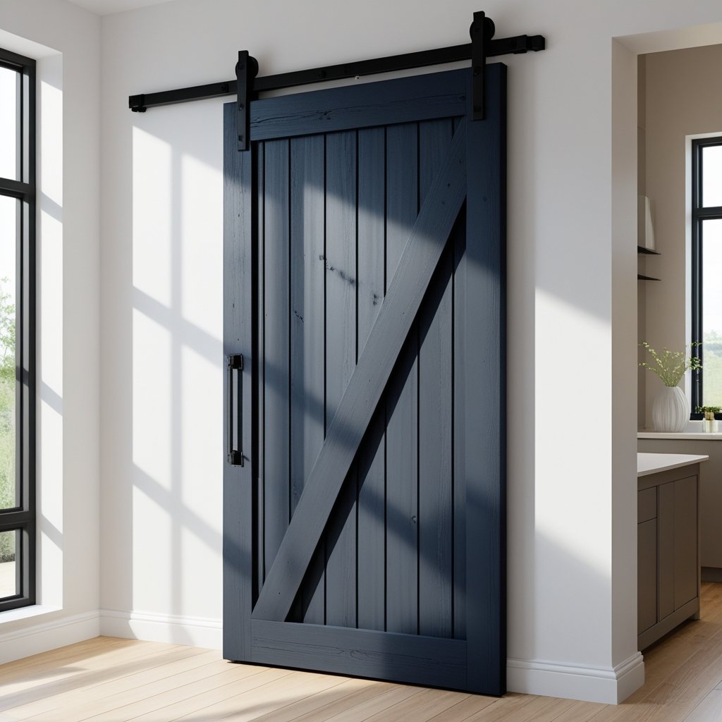 A deep navy or charcoal painted barn door mounted on black sliding hardware inside a bright, modern room with light hardwood floors and neutral walls.