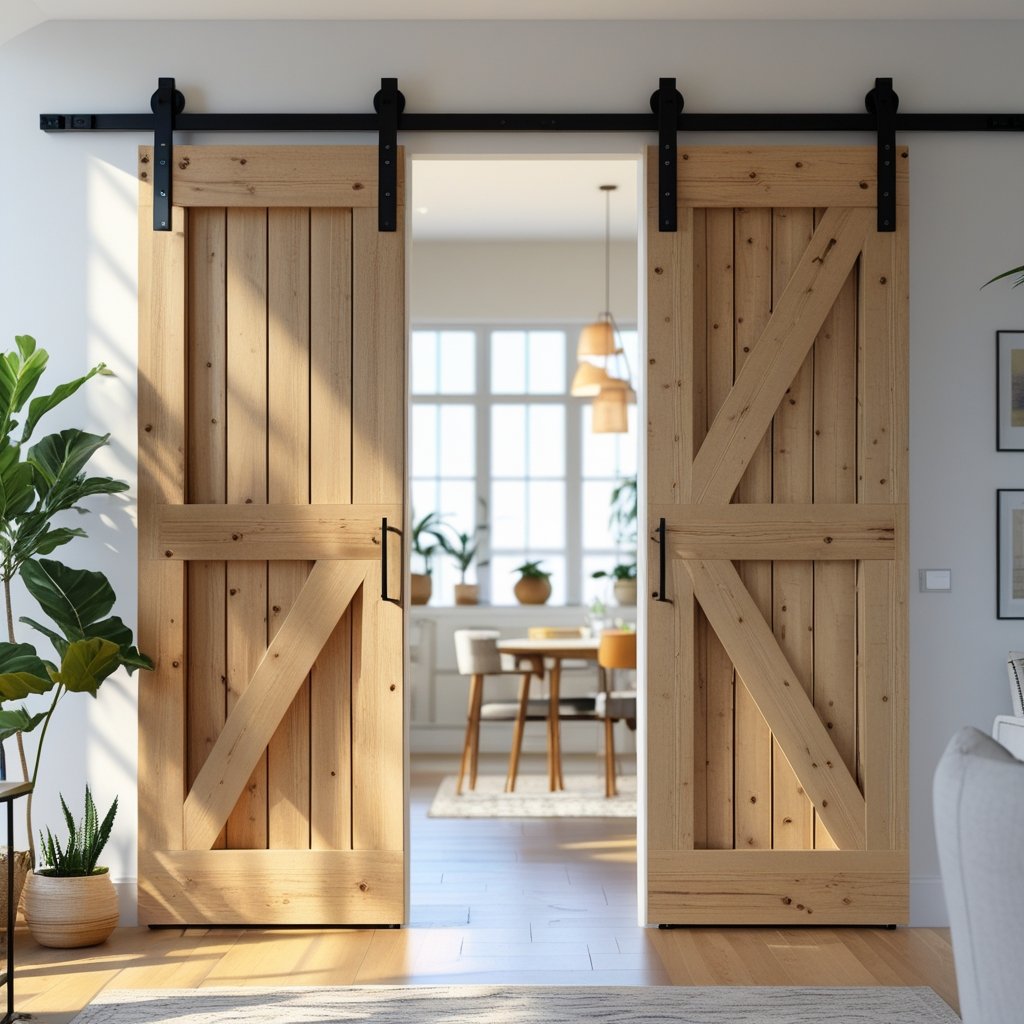 Interior view of a living space divided by double wooden barn doors sliding on metal tracks, separating a cozy living area from a dining space.