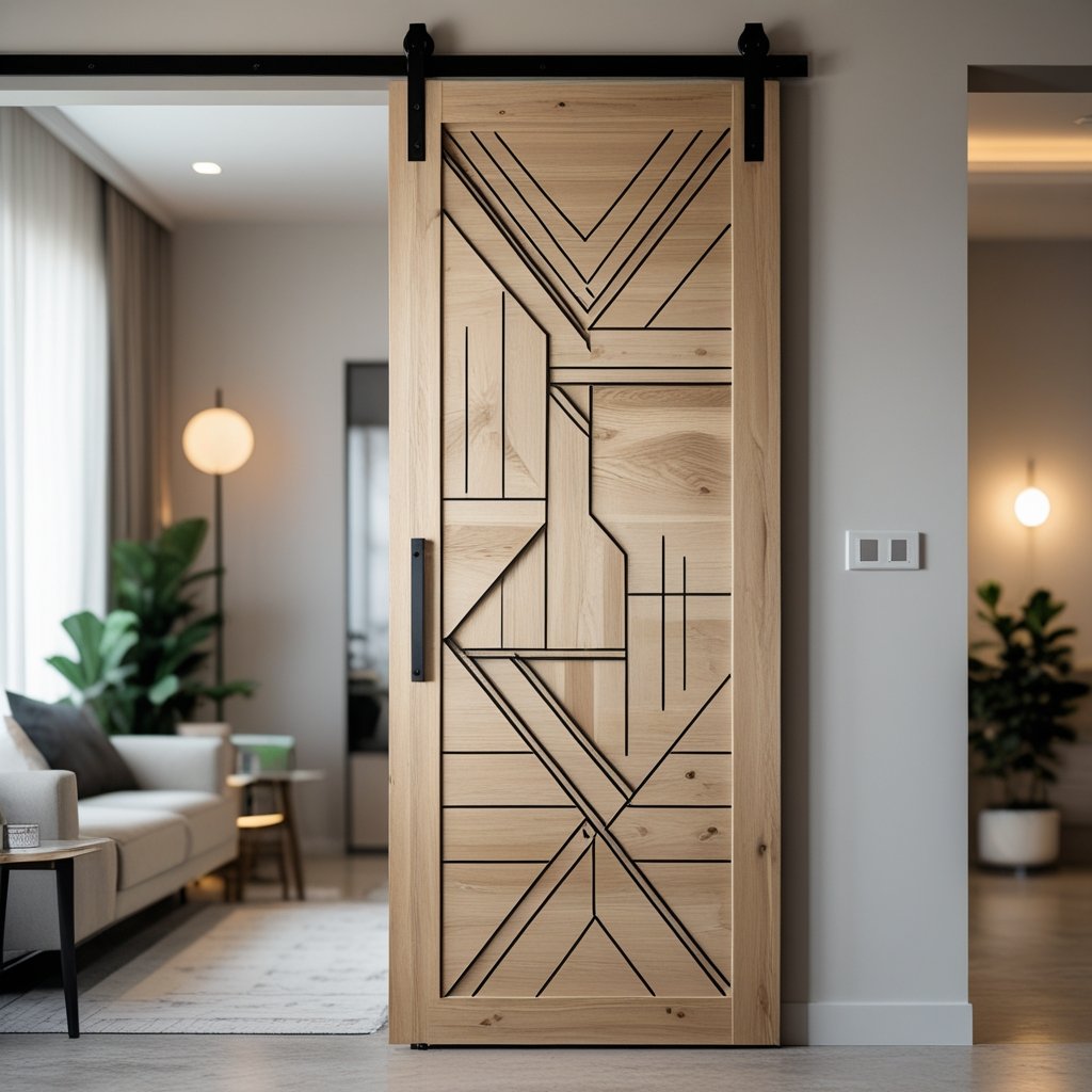 Interior view of a room with a wooden barn door featuring geometric patterns and modern decor.