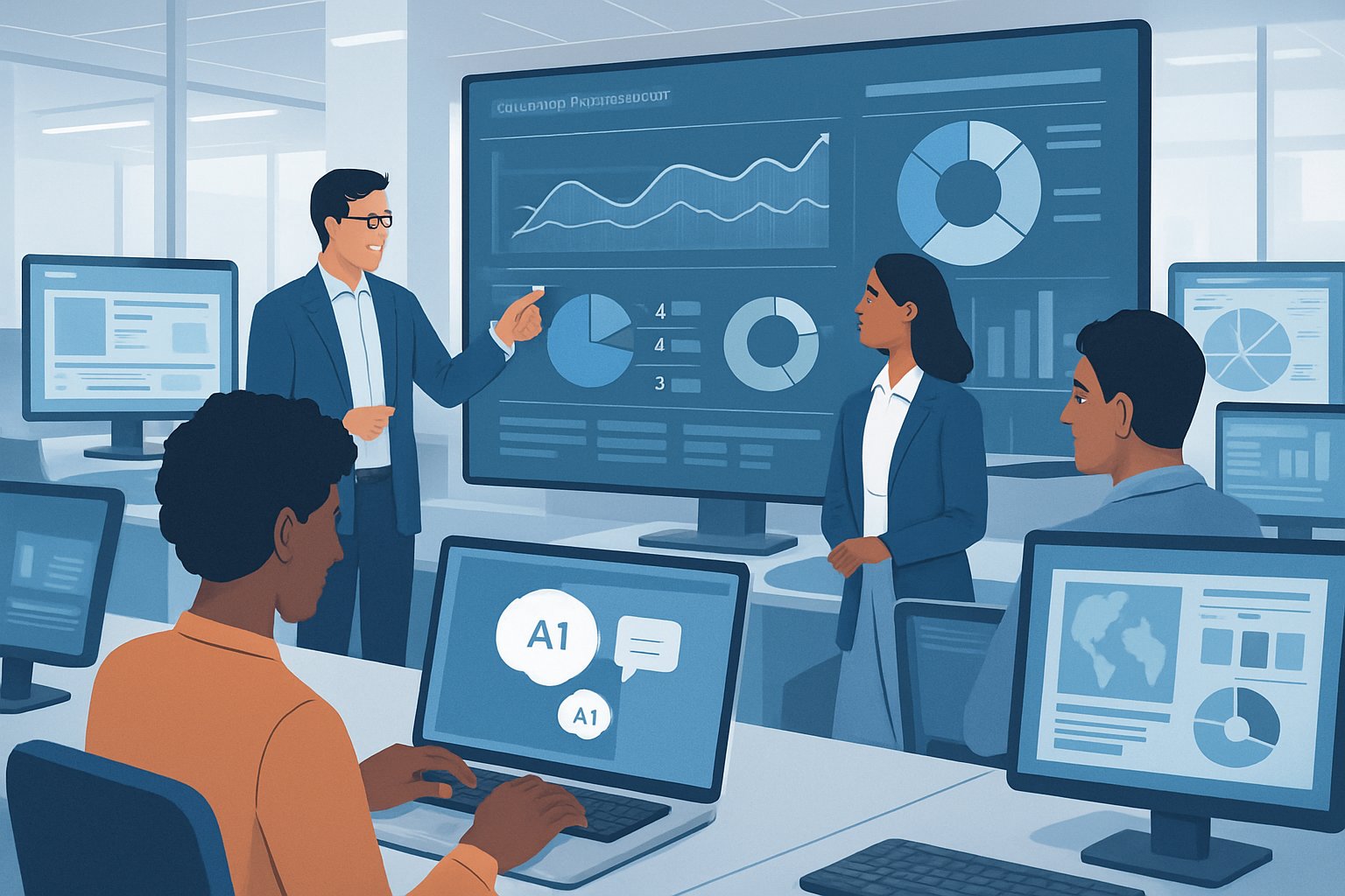 ChatGPT for Media Buying Agencies: Automating Campaign Optimization and Ad Spend A group of professionals working together in an office with digital screens showing data and charts, using AI tools to manage media buying campaigns.