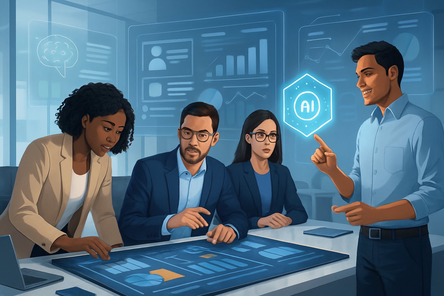 ChatGPT for Media Buying Agencies: Automating Campaign Optimization and Ad Spend A group of professionals working together in a modern office with digital screens and holograms showing data and content, symbolizing AI-powered media buying and content personalization.