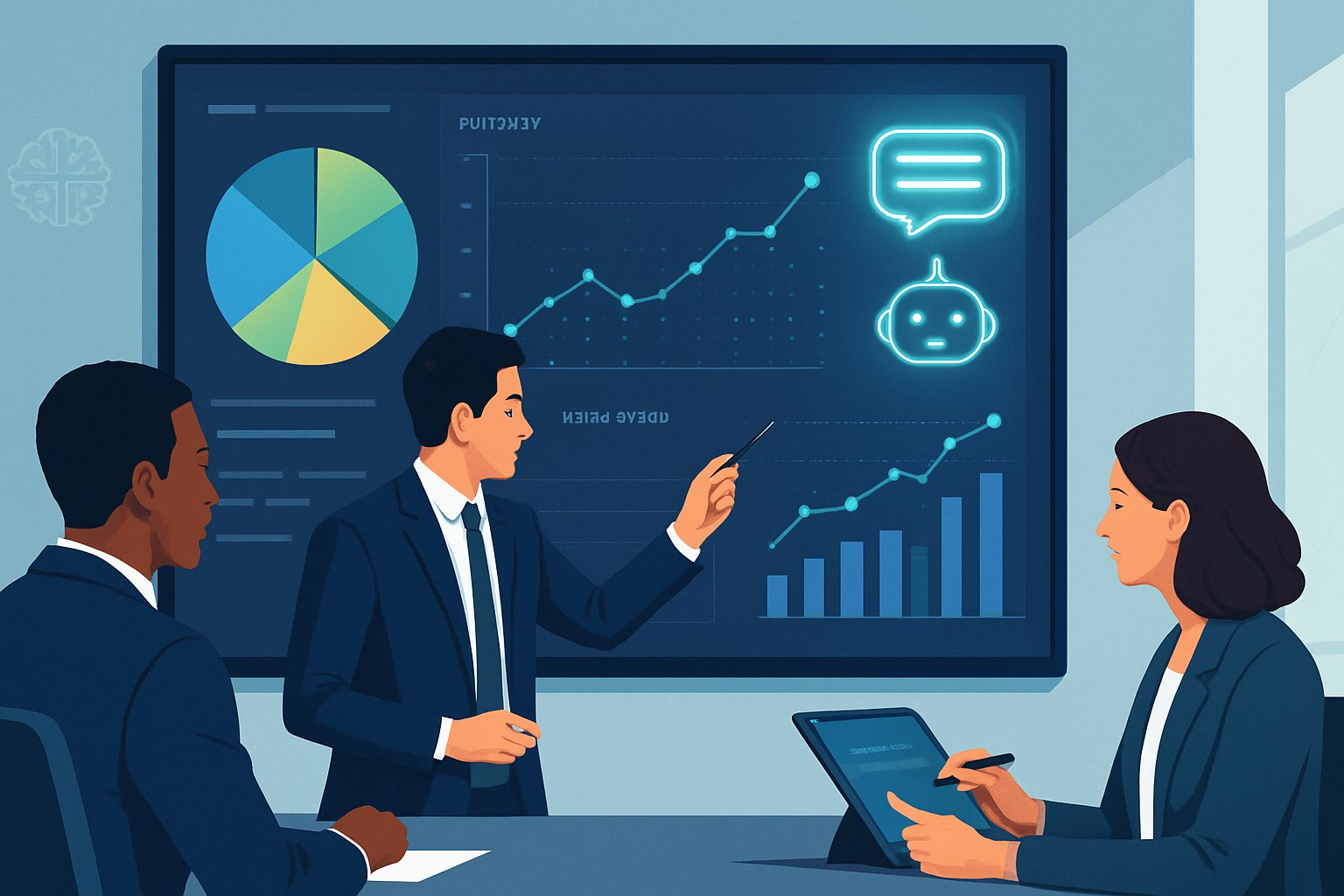 ChatGPT for Media Buying Agencies: Automating Campaign Optimization and Ad Spend A team of marketing professionals collaborating around a digital dashboard showing charts and graphs related to budget allocation and performance measurement.