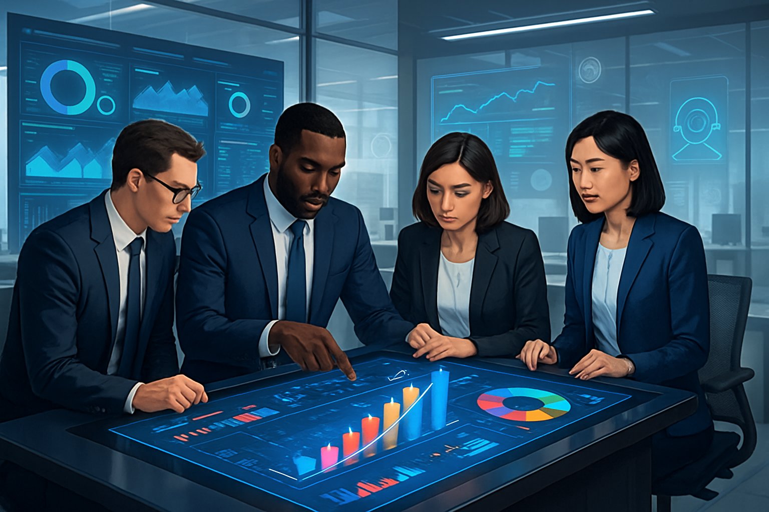 ChatGPT for Media Buying Agencies: Automating Campaign Optimization and Ad Spend A group of business professionals collaborating around a digital table displaying charts and graphs in a modern office with large screens showing data analytics.