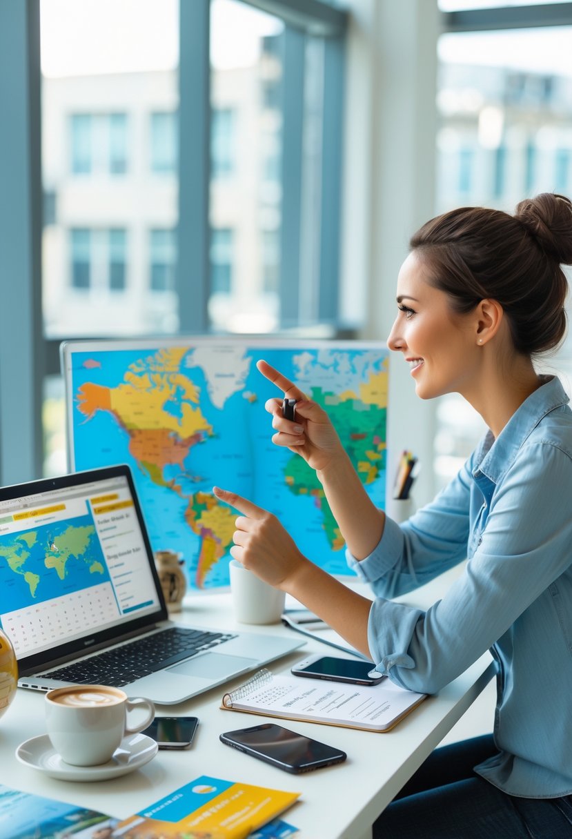 A person planning a trip at a desk with a world map, laptop, notebook, and travel brochures in a bright office.