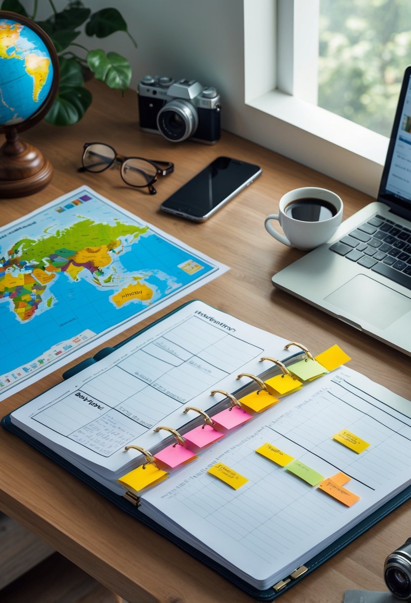 A workspace with an open planner, world map, laptop, smartphone, coffee cup, and travel accessories arranged neatly on a desk.