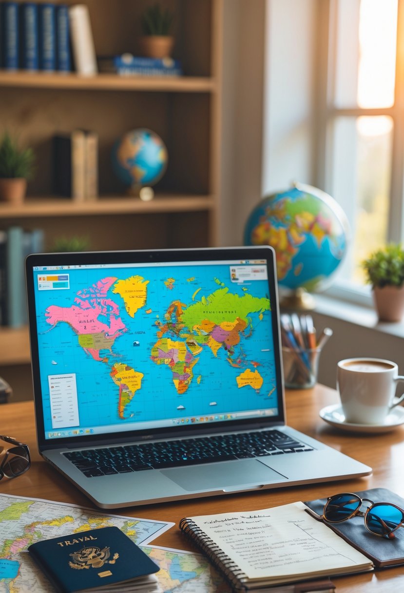 A workspace with a laptop showing a world map, travel documents, a notebook, and travel accessories on a wooden desk.