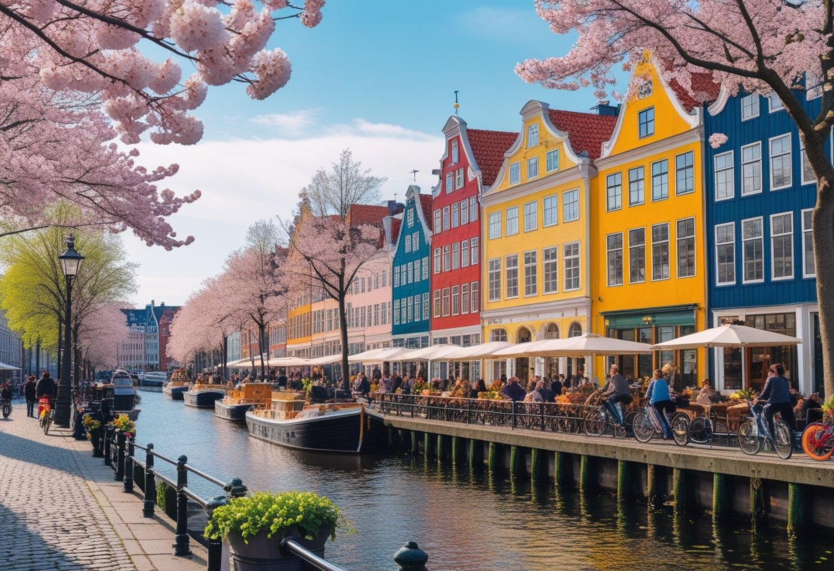 People enjoying a sunny spring day by colorful buildings and cherry blossoms along a canal in Copenhagen.
