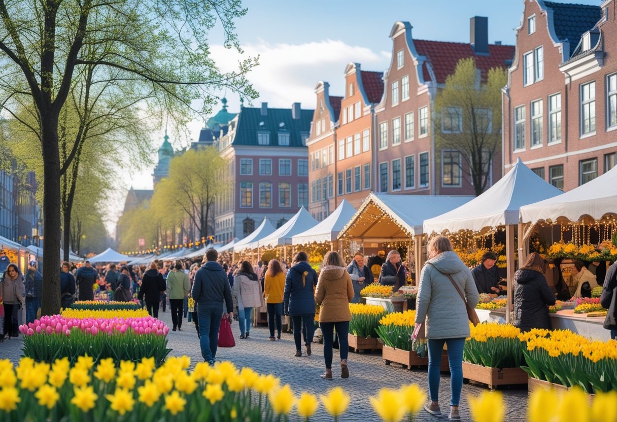 People enjoying a spring festival outdoors in Copenhagen with flowers, market stalls, and historic buildings in the background.