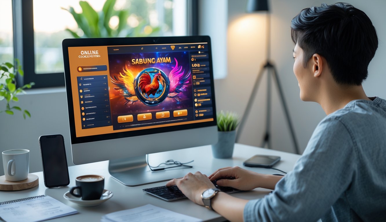 Seseorang duduk di depan laptop di ruang kerja rumah, sedang bermain permainan sabung ayam online.