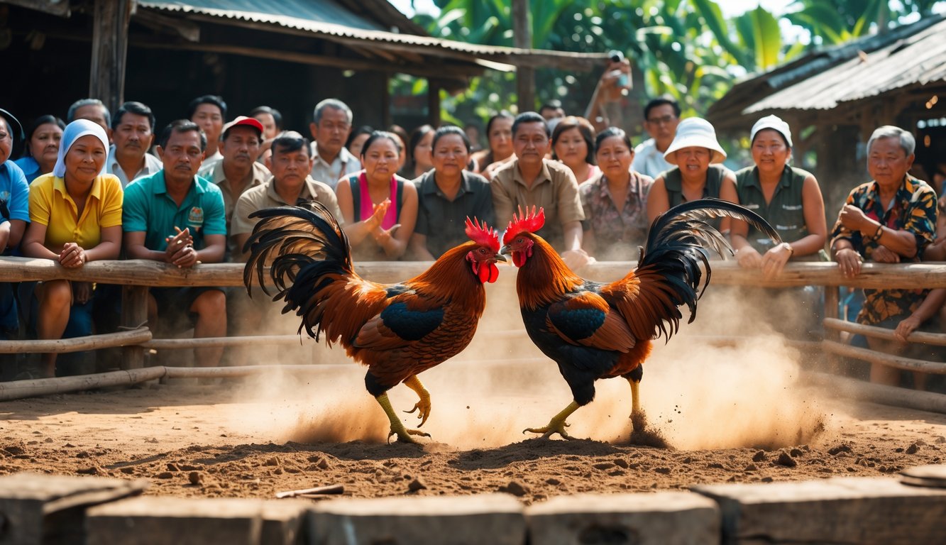 Suasana pertandingan sabung ayam dengan dua ayam jago bertarung di arena kayu dikelilingi penonton yang antusias.