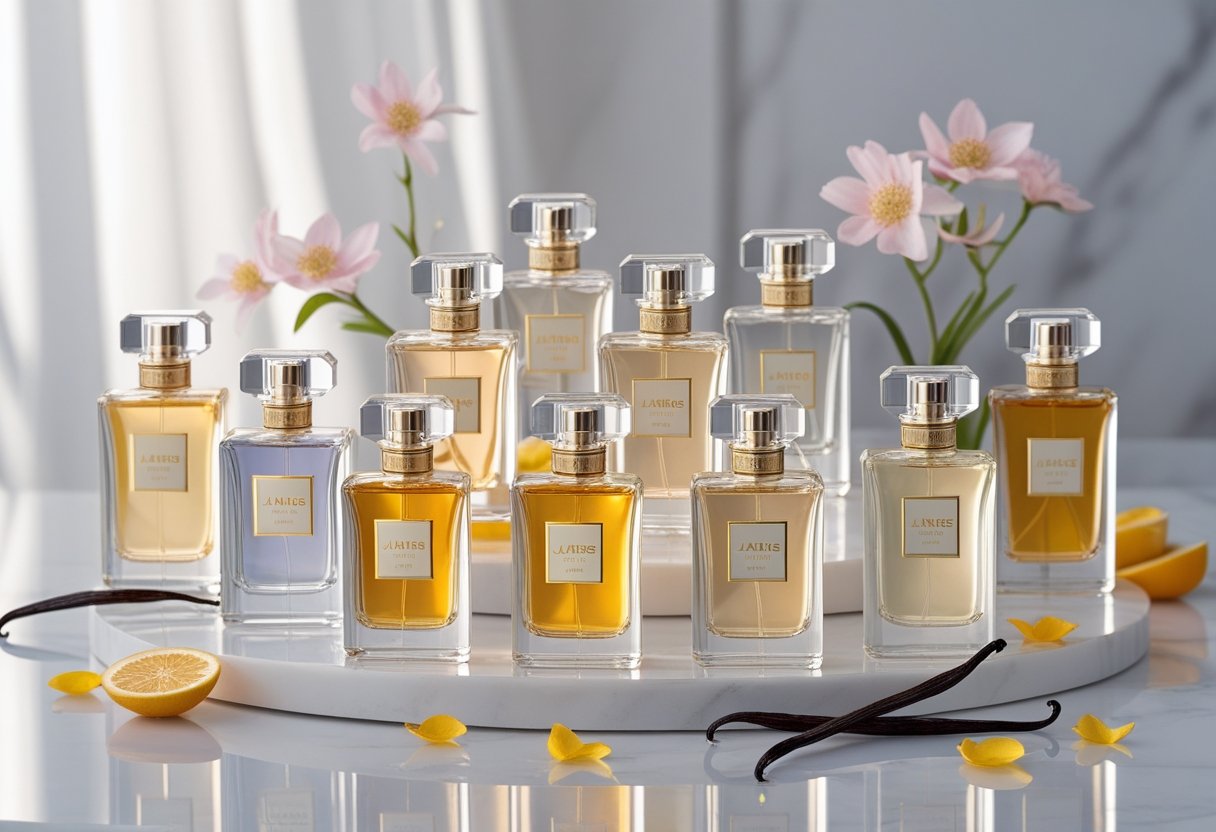 Zehn elegante Parfümflaschen auf einer weißen Marmoroberfläche mit Blumen und Vanille, weich beleuchtet.