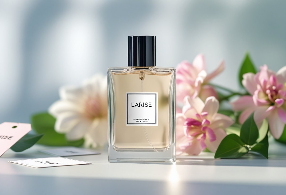 Ein eleganter Parfümflakon auf einem hellen Untergrund, umgeben von Blumen und Preisschildern.