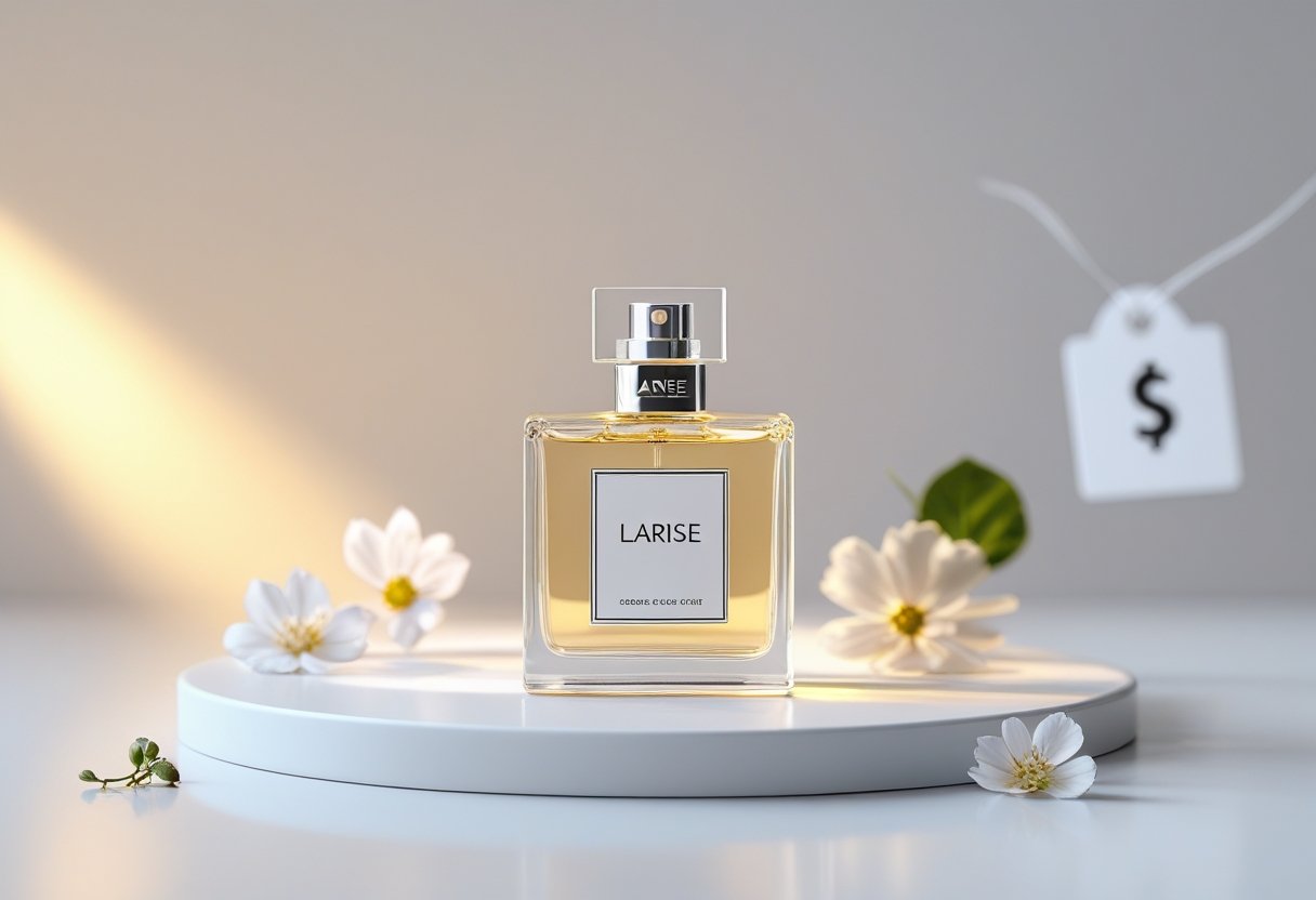 Eine elegante Parfümflasche auf einem weißen Tisch mit Blumen im Hintergrund.