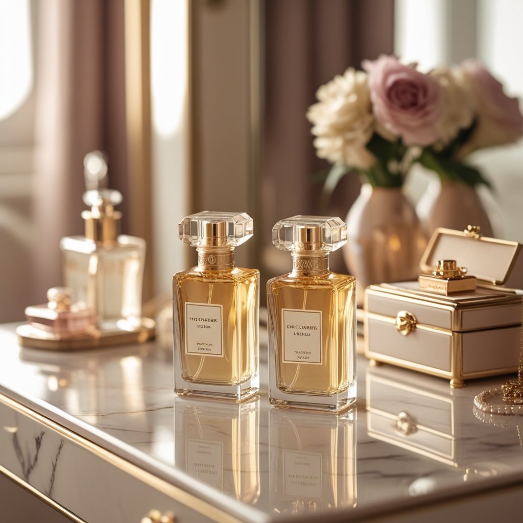 Zwei elegante Parfümflaschen stehen nebeneinander auf einer Marmoroberfläche vor einem verschwommenen Schminktisch mit Blumen und Schmuck.