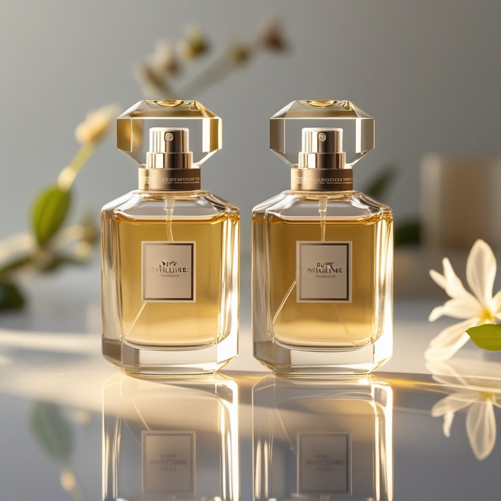 Zwei elegante Parfümflaschen stehen nebeneinander auf einer reflektierenden Oberfläche vor einem verschwommenen Hintergrund mit Blumen.