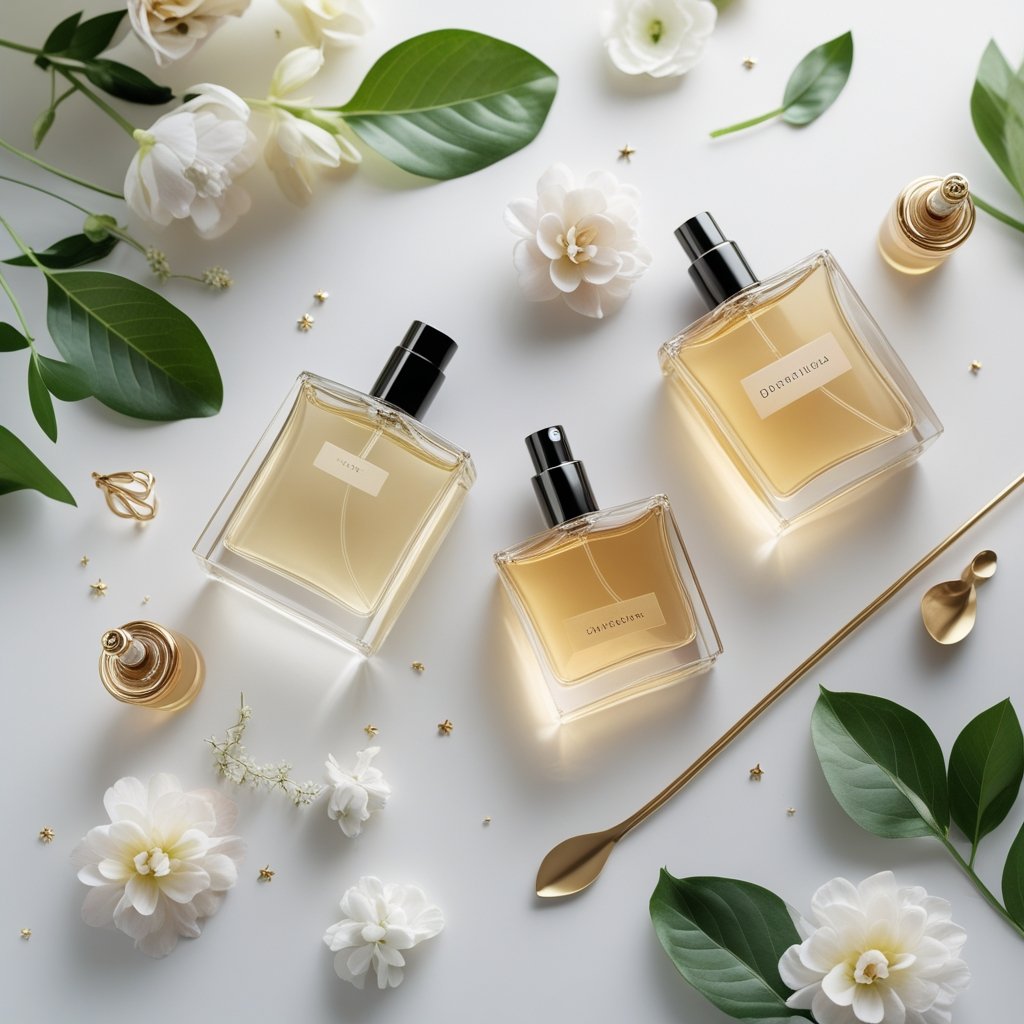 Elegante Anordnung von Parfümflaschen auf weißem Untergrund mit Blumen und Blättern.