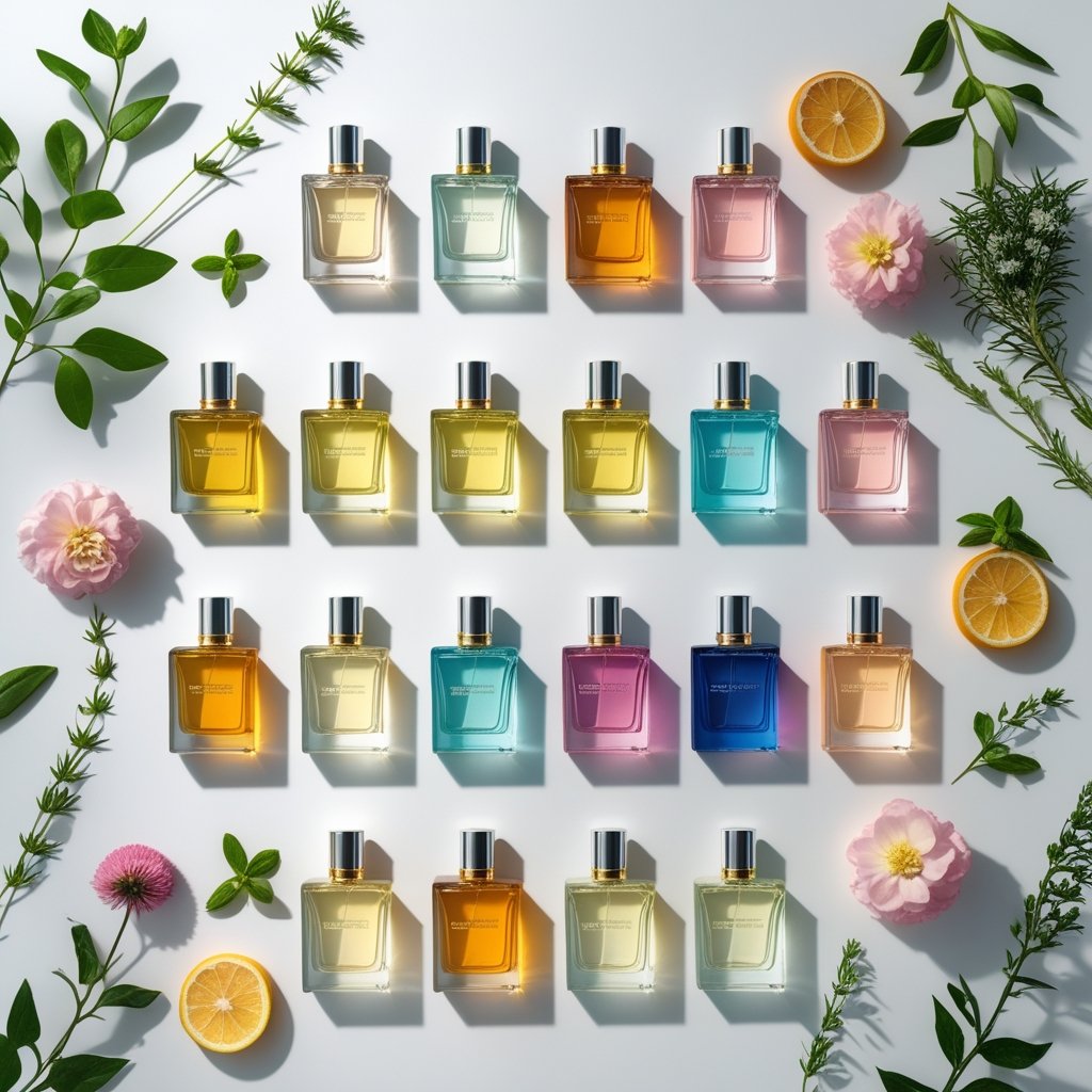 Zehn verschiedene Paare von Parfümflaschen auf einem weißen Untergrund, umgeben von Blumen und Kräutern.