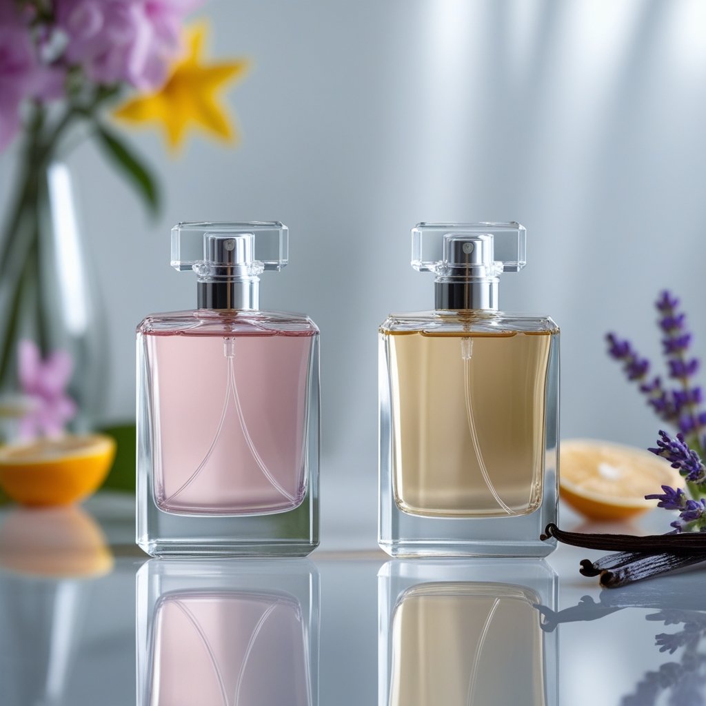 Zwei elegante Parfümflaschen stehen nebeneinander auf einer reflektierenden Oberfläche, umgeben von verschwommenen Blumen und Duftzutaten im Hintergrund.