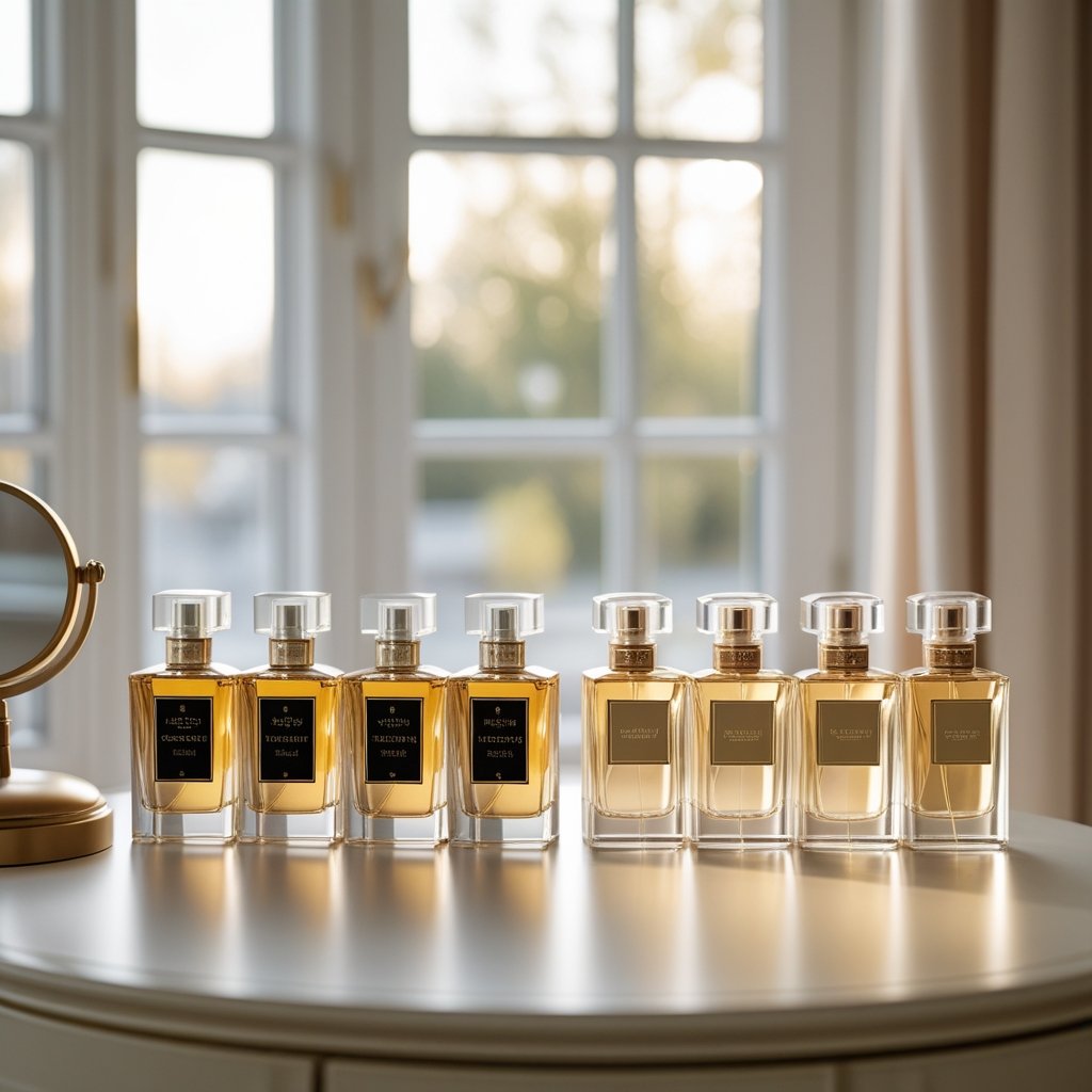 Ein eleganter Schminktisch mit mehreren Parfümflaschen, darunter zwei Paare ähnlicher Flaschen nebeneinander.
