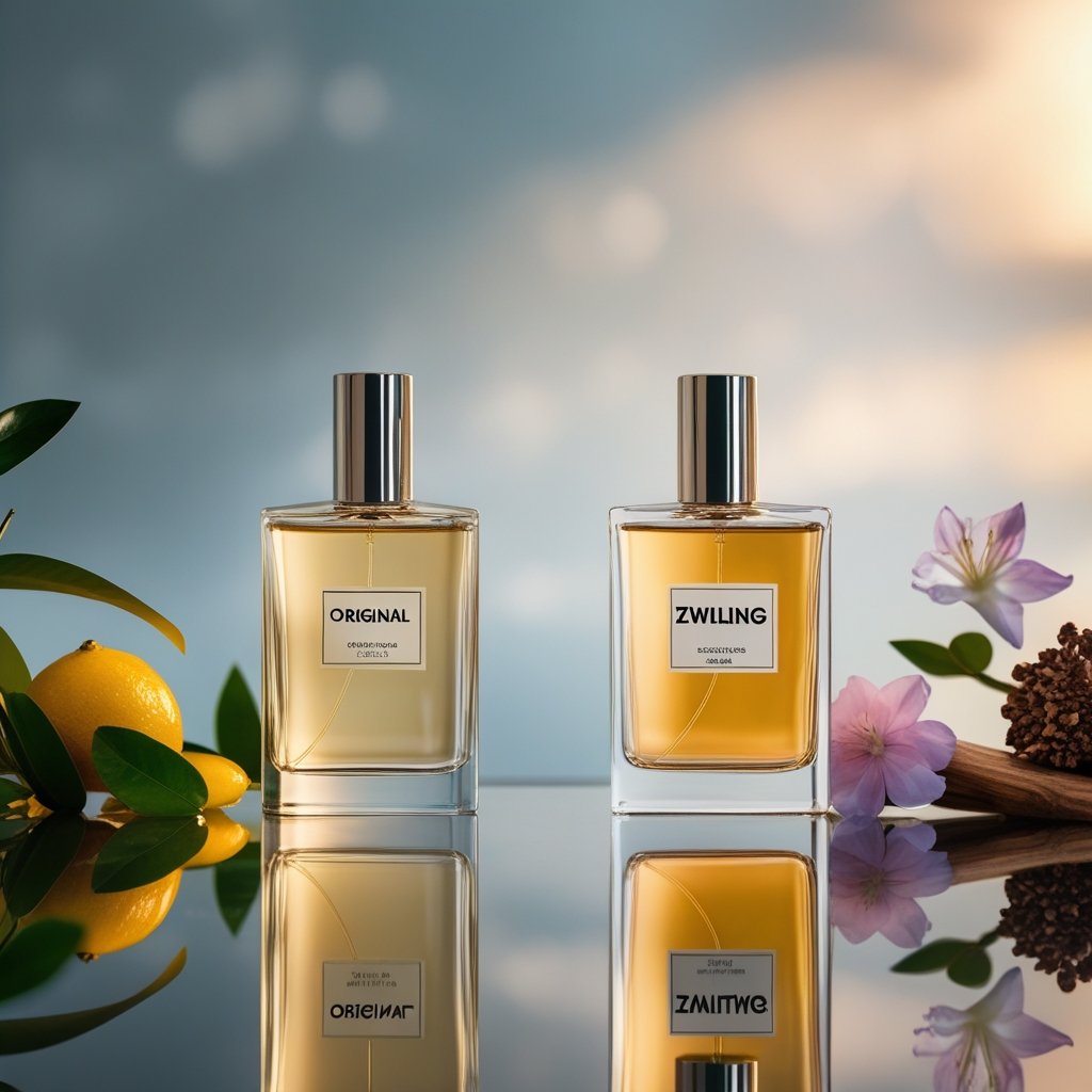 Zwei elegante Parfümflaschen stehen nebeneinander auf einer reflektierenden Oberfläche, umgeben von frischen Zitrusfrüchten und Blumen.