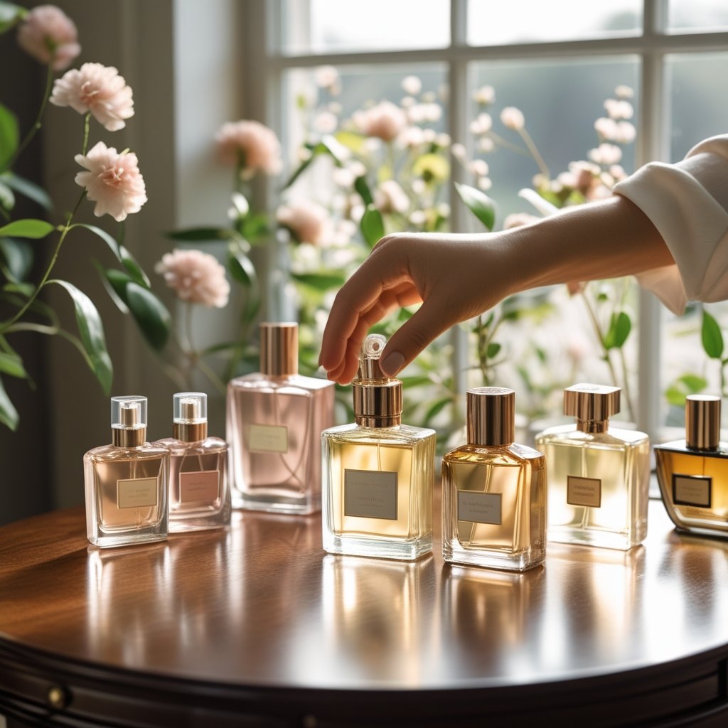 Eine Hand hält eine Parfümflasche, umgeben von mehreren anderen Flaschen und Blumen auf einem Holztisch.