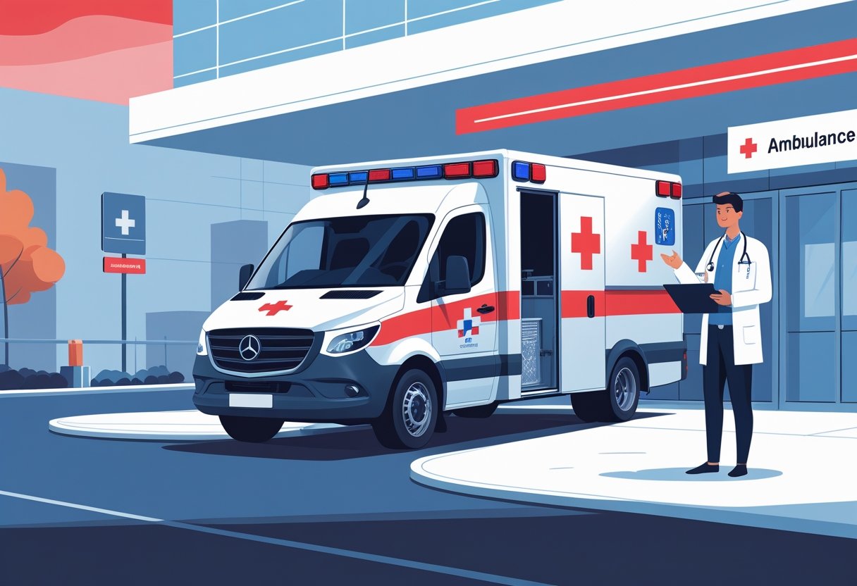 Ambulância estacionada em frente a um hospital com um profissional de saúde conversando com um cliente sobre opções de aluguel.
