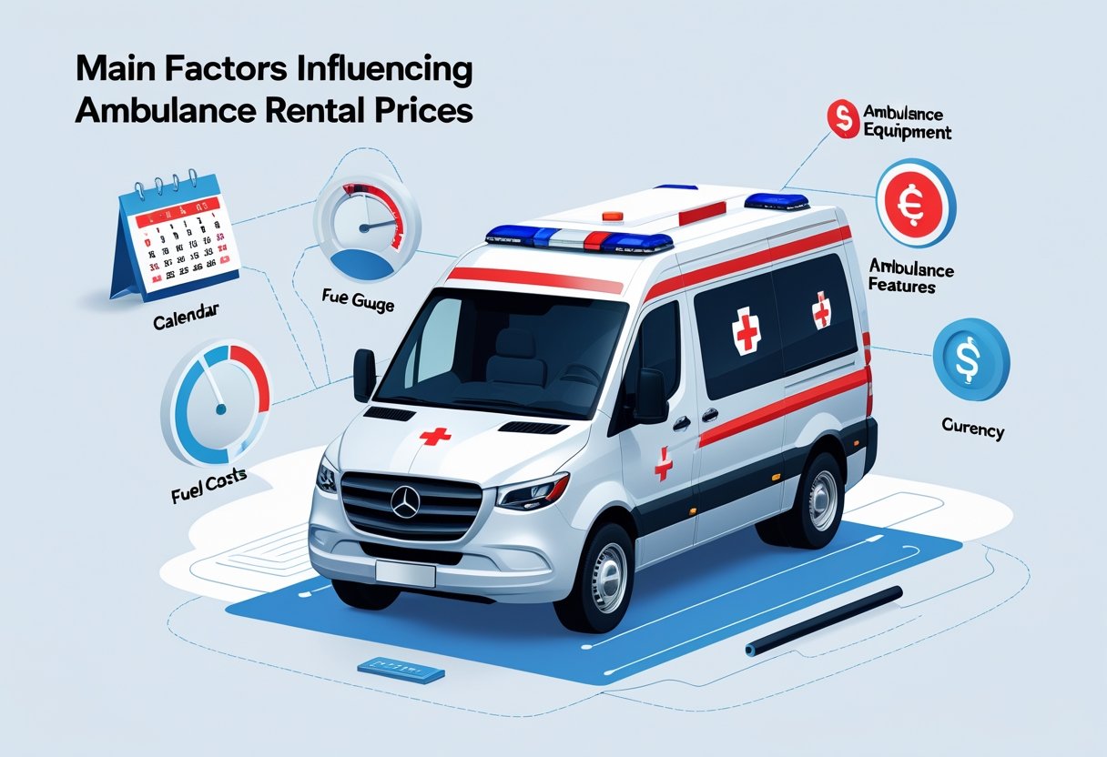 Ilustração mostrando uma ambulância cercada por ícones que representam fatores como duração do aluguel, custos de combustível, distância, equipamentos médicos e preço.