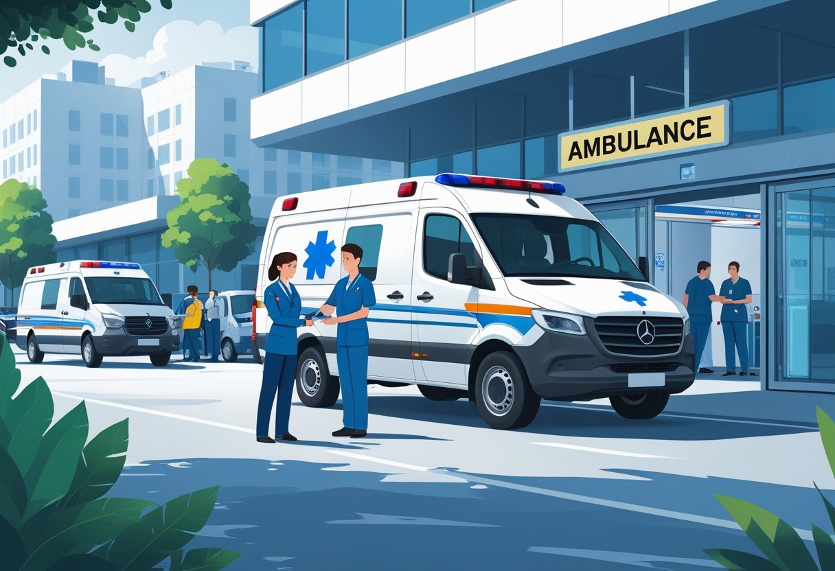Uma ambulância moderna estacionada na entrada de um hospital, com um profissional de saúde entregando chaves a um cliente, representando o aluguel de ambulâncias.
