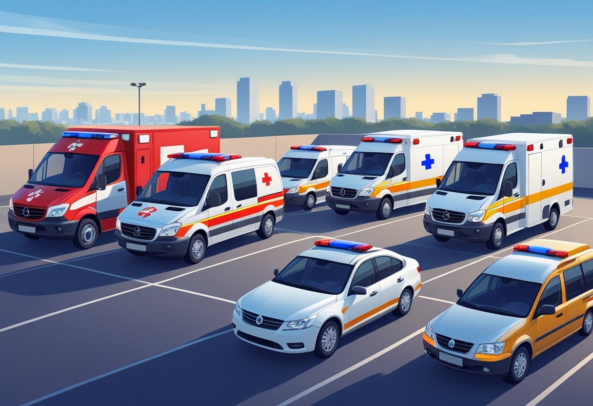 Vários tipos de ambulâncias estacionadas lado a lado em um espaço aberto, mostrando diferentes modelos disponíveis para aluguel.