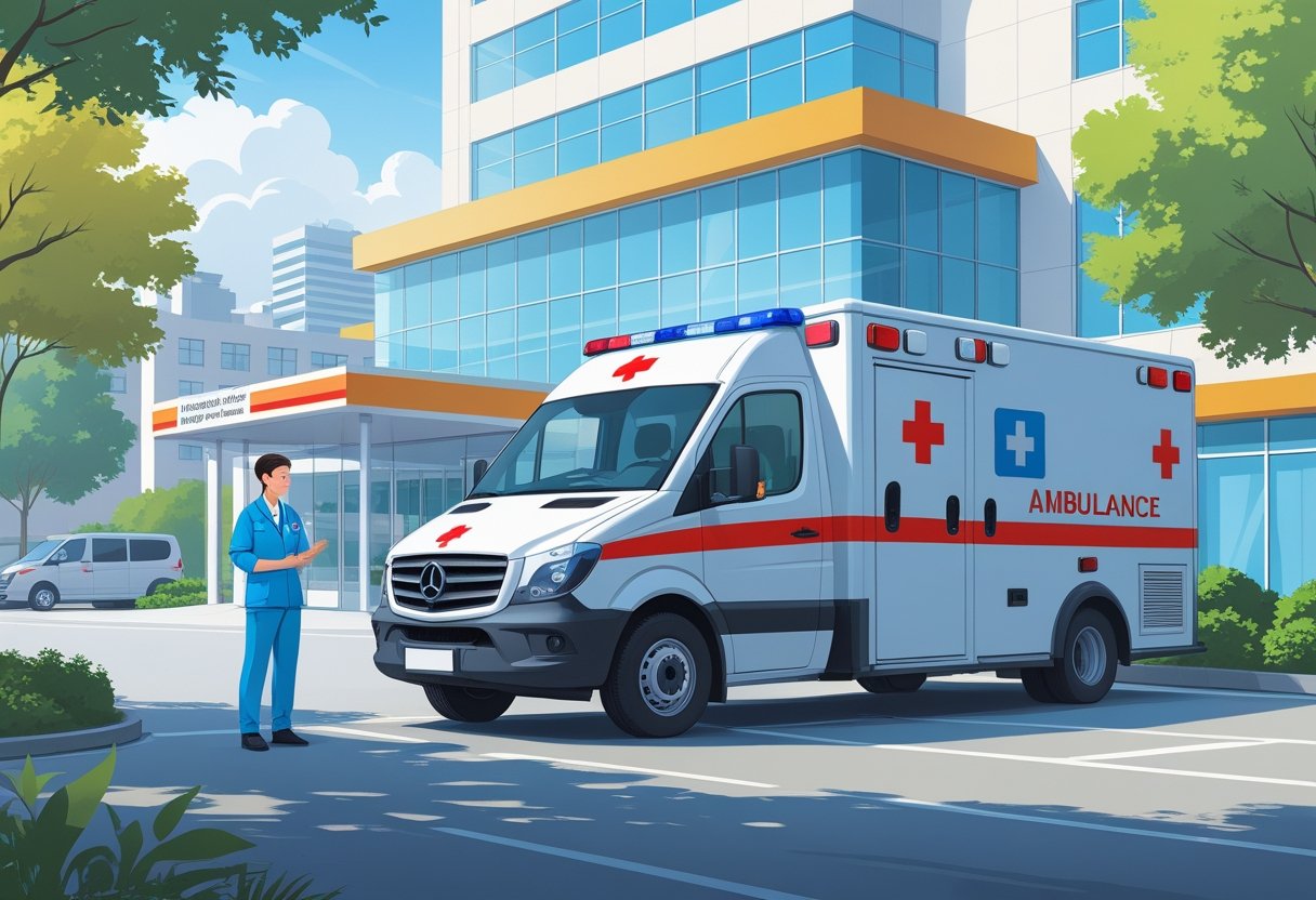 Uma ambulância moderna estacionada em frente a um hospital, com um profissional de saúde conversando com um cliente, mostrando o serviço de aluguel de ambulância.
