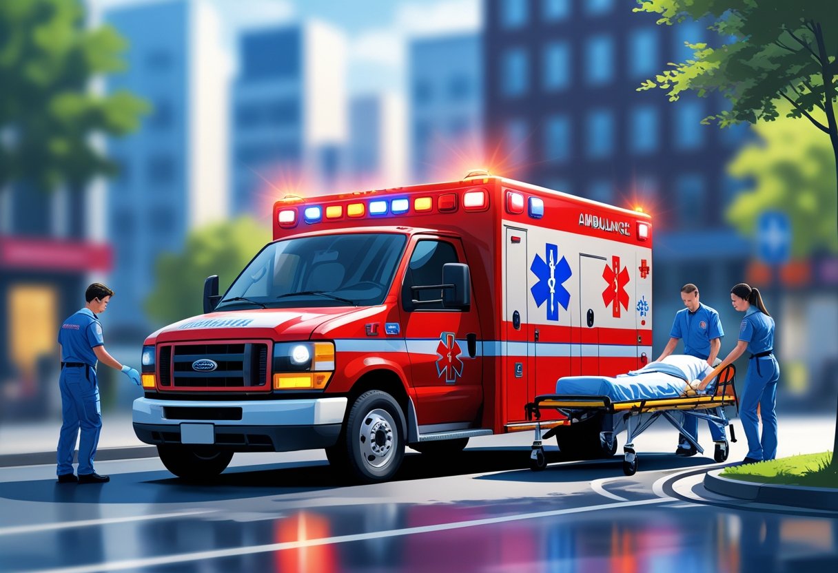 Ambulância Atendimento de Emergência: Como Funciona e Quando Solicitar 1 Uma ambulância de atendimento de emergência com paramédicos cuidando de um paciente em uma rua da cidade.