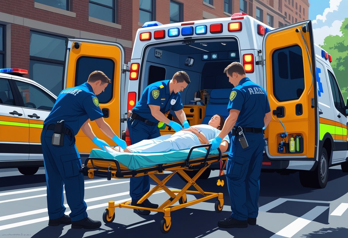 Ambulância Atendimento de Emergência: Como Funciona e Quando Solicitar 2 Paramédicos atendendo um paciente em uma maca ao lado de uma ambulância com as portas abertas em uma rua urbana.