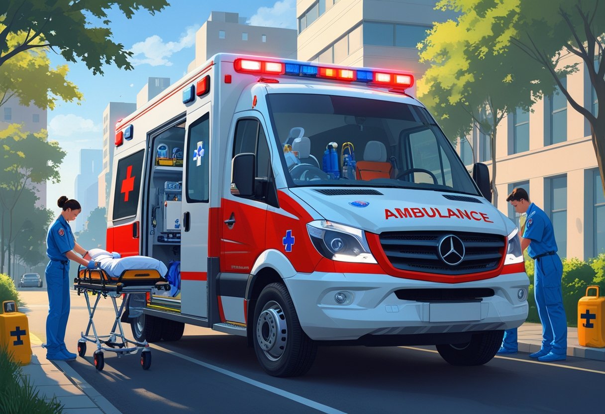 Uma ambulância avançada estacionada em uma rua da cidade com paramédicos atendendo um paciente em uma maca ao lado do veículo.