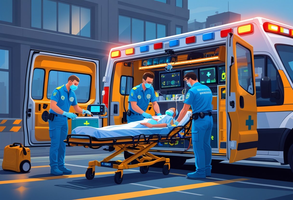 Uma ambulância avançada com paramédicos atendendo um paciente em uma maca, usando equipamentos médicos avançados, com a ambulância aberta mostrando suprimentos e máquinas de suporte à vida.