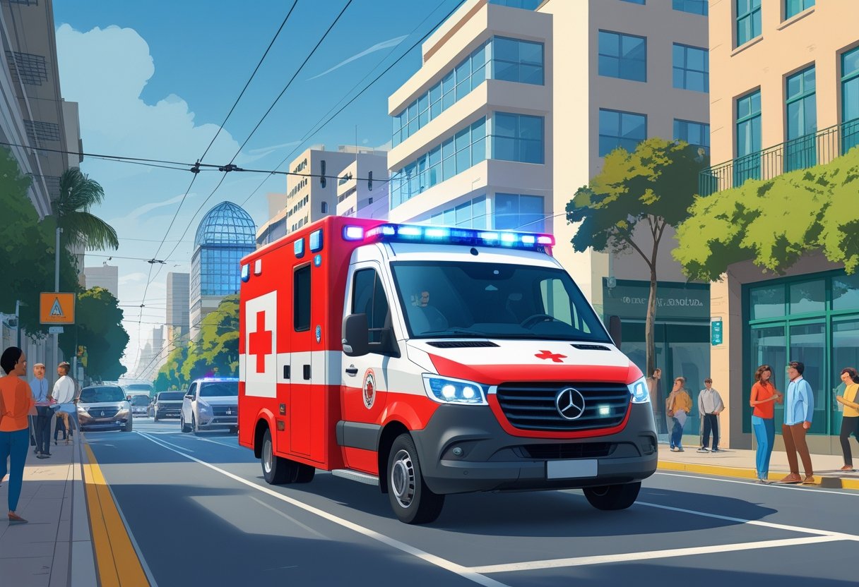 Ambulância em movimento pelas ruas de Curitiba com pessoas e prédios ao redor.