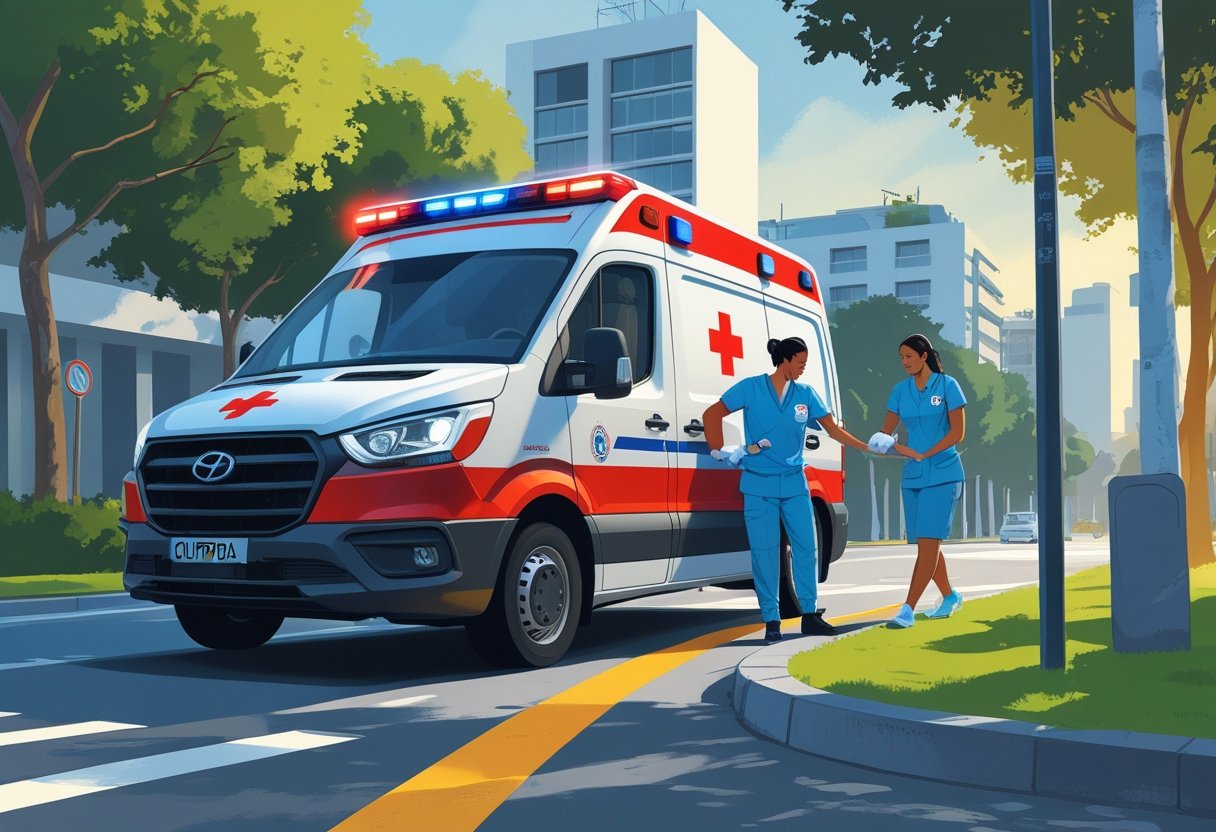 Uma ambulância estacionada em uma rua de Curitiba com um paramédico ajudando uma pessoa que precisa de atendimento médico.